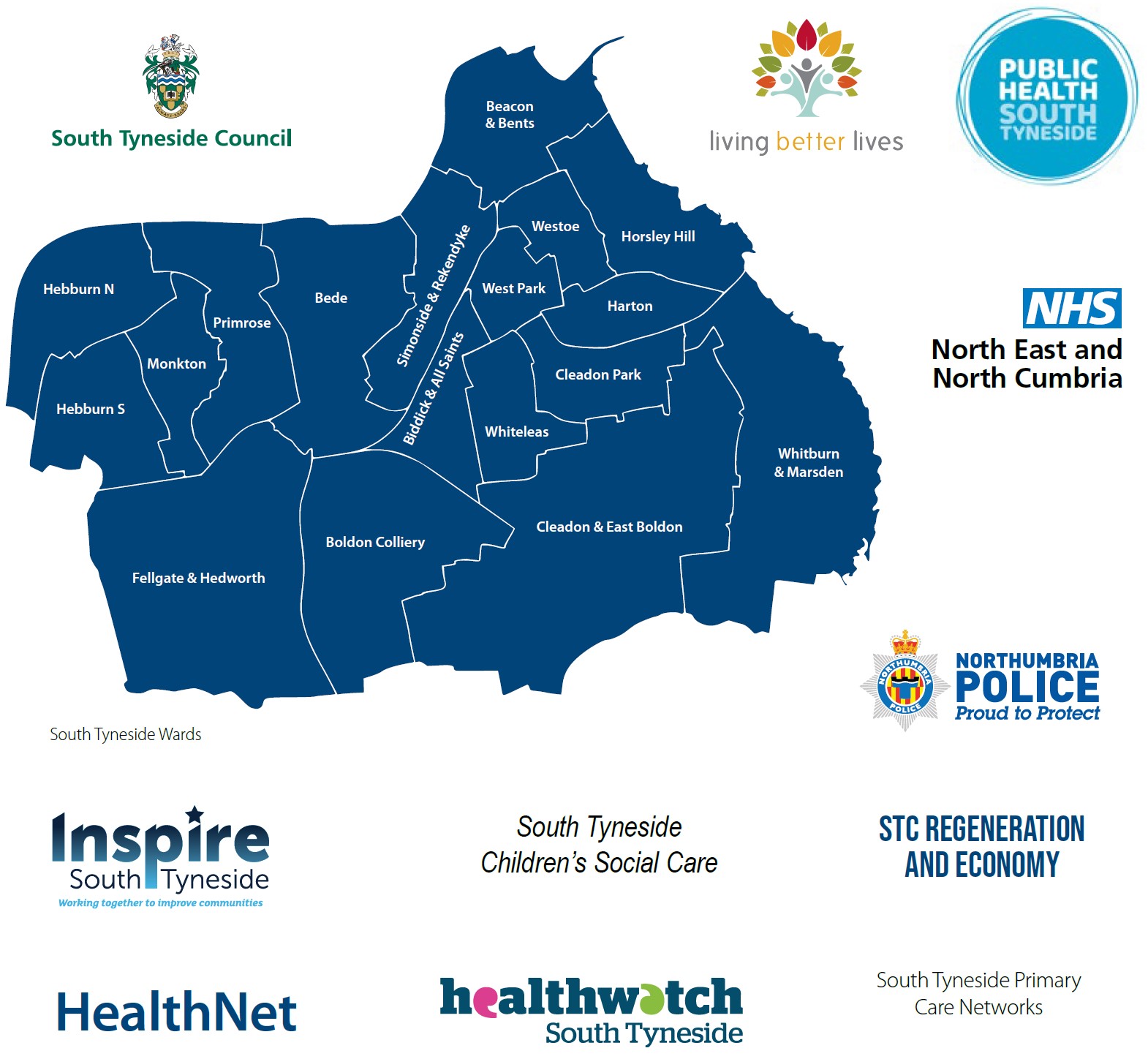 Map of South Tyneside alongside our partnership logos