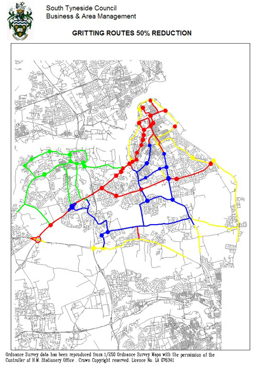 A map of gritting routes with 50% reduction