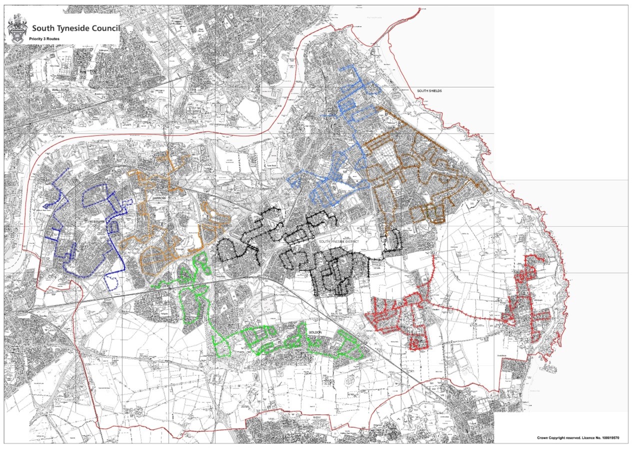 A map of gritting routes priority three