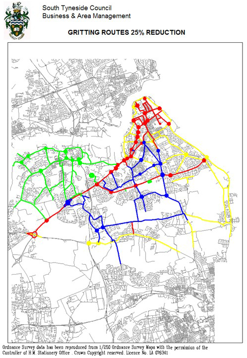 A map of gritting routes with 25% reduction