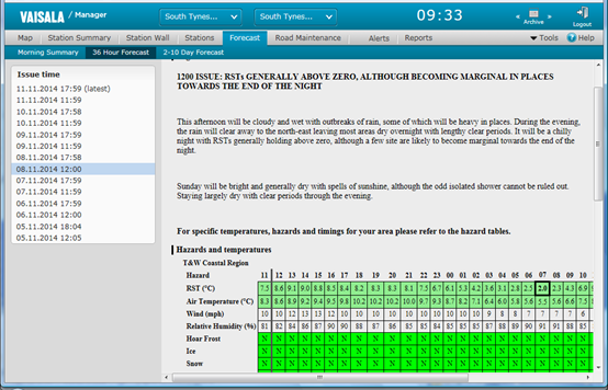 A image of sample weather forecast information in a management software