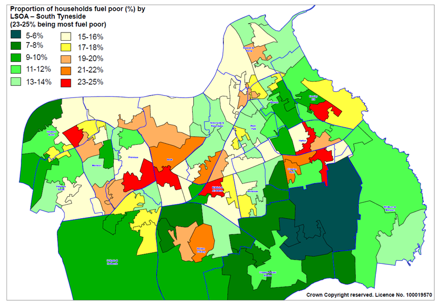 Map of LSOA, South Tyneside fuel poverty index 2022