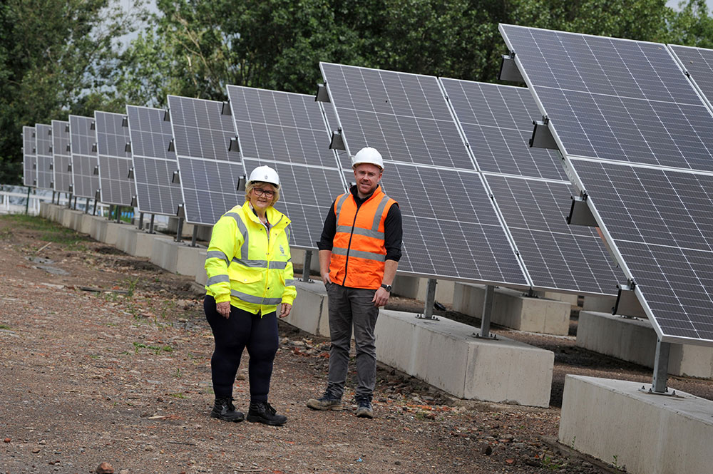 Cllr Dixon with Paul Quinn of Colloide at the solar panels at Viking Energy Network Jarrow