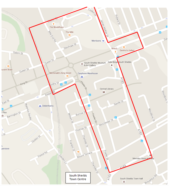 Map outlining Special Policy Area in South Shields Town Centre.