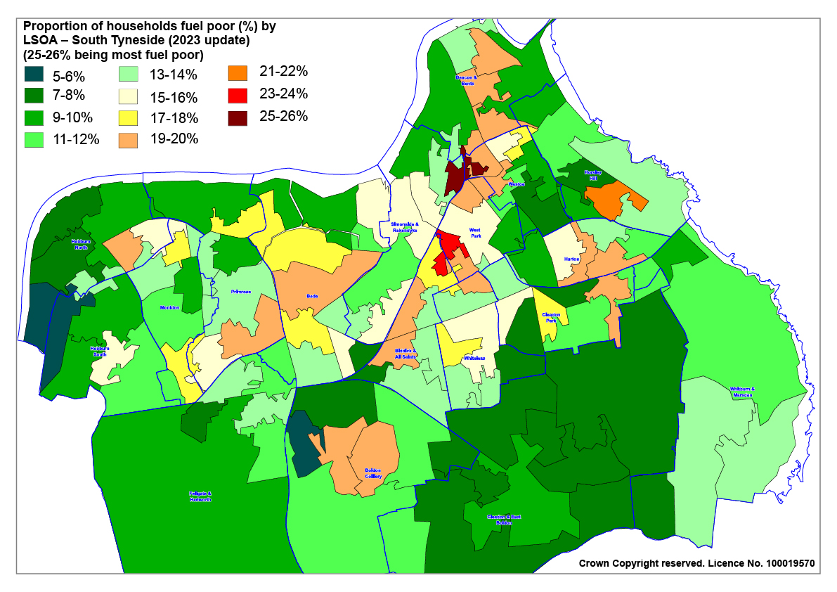 Map depicting the areas in South Tyneside and the proportion of households in fuel poverty by LSOA.