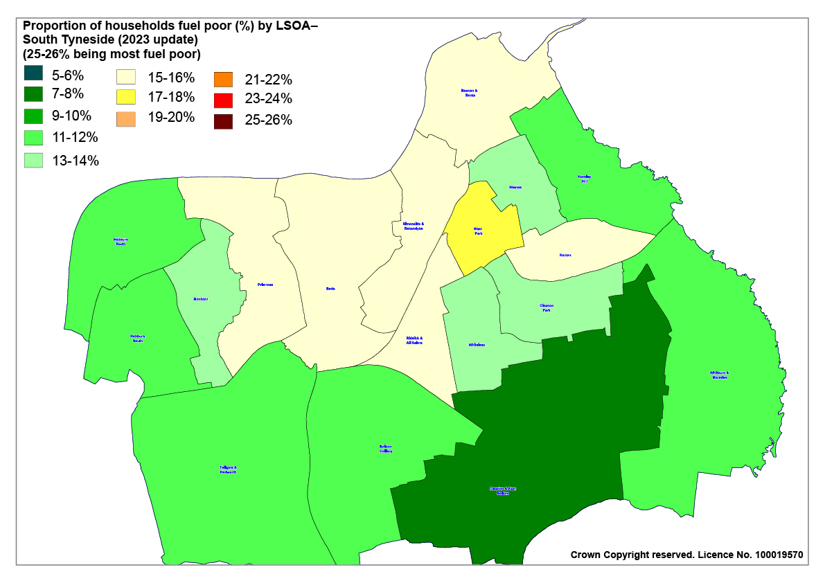 Map depicting proportions of households in South Tyneside that are considered fuel poor, by ward.