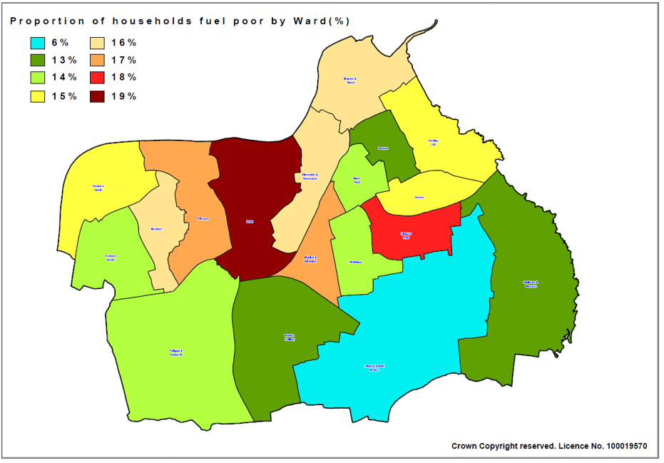 A map shows the proportion of households that are considered fuel poor by ward.