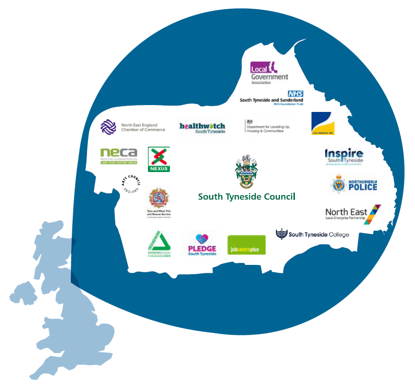 A map of South Tyneside with various logos overlaid across it: North East England Chamber of Commerce, North East Combined Authority, Nexus, South Tyneside and Sunderland NHS Foundation Trust, North East Local Enterprise Partnership, Tyne and Wear Fire and Rescue Service, Department for Levelling Up, Housing and Communities, South Tyneside College, Healthwatch South Tyneside, South Tyneside Council, South Tyneside College, LGA Coastal Special Interest Group, Groundwork, Pledge South Tyneside, Inspire South Tyneside, Northumbria Police, South Tyneside Homes, Arts Council England